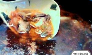신선한 생선으로 만든 양배추 수프.  생선 통조림을 곁들인 양배추 수프.  콩 생선 수프